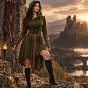 Könnte beinhalten: Ein olivgrünes Kapuzenkleid mit geschnürtem Korsett-Oberteil, langen Ärmeln und einem asymmetrischen Saum. Das Outfit umfasst einen braunen Ledergürtel mit Prägemuster, braune Leder-Armschienen, schwarze kniehohe Stiefel und einen Holzbogen.