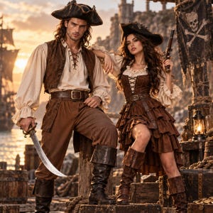 May include: Two individuals dressed in pirate attire. One wears a cream-coloured shirt with a brown vest, brown trousers, a pirate hat, and black boots, holding a sword. The other wears a cream-coloured blouse, a brown corset dress, and boots, holding a flintlock pistol.