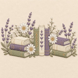 May include: An embroidery design featuring a stack of books in shades of green, cream, and purple, surrounded by embroidered lavender sprigs and white daisies with yellow centers. The books are arranged in two stacks with three standing upright.
