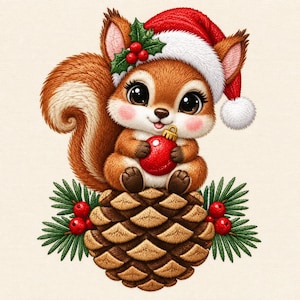 Puede incluir: Una ardilla marrón con grandes ojos negros y mejillas rosadas lleva un gorro de Papá Noel rojo y blanco, sosteniendo un pequeño adorno navideño rojo. La ardilla está sentada sobre una piña grande rodeada de agujas de pino y bayas de acebo.