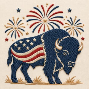 May include: Embroidered image of a blue bison with white horns, featuring a design of the American flag on its side. Fireworks in red, white, and blue are above the bison, with stars scattered around. The bison stands on a patch of tan grass.