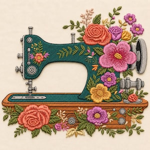 Op de afbeelding: Een borduurontwerp van een talingkleurige naaimachine versierd met levendige bloemstukken. De machine is voorzien van gedetailleerd stikwerk, met grote roze, oranje en gele bloemen die over het frame bloeien, vergezeld door groene bladeren.