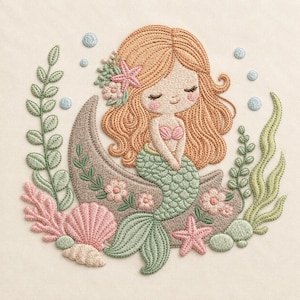Cute Mermaid Embroidery Design, Floral Ocean Princess, Whimsical Under the Sea Machine Embroidery Digital File