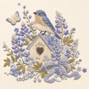 Puede incluir: Obra de arte bordada que representa un pájaro azul posado sobre una casita para pájaros con una abertura en forma de corazón. La casita está rodeada de flores azules, hojas verdes y un lazo azul claro. También hay una mariposa azul claro.