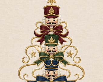 May include: An embroidered design of a Christmas tree formed by three stacked nutcracker heads. Each nutcracker wears a hat in burgundy, green, or blue, accented with gold trim and bows. The tree is decorated with gold swirls and stars.