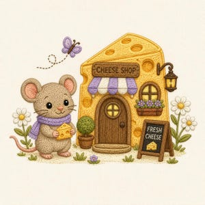 May include: An embroidered illustration of a brown mouse wearing a purple scarf and holding a piece of yellow cheese. Next to the mouse is a yellow cheese-shaped shop with a sign reading CHEESE SHOP and a chalkboard sign reading FRESH CHEESE.