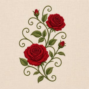 May include: An embroidery design featuring two large, deep red roses and two smaller rosebuds. The flowers are connected by dark green stems and leaves, accented with intricate, swirling vine patterns on a light beige, textured fabric background.