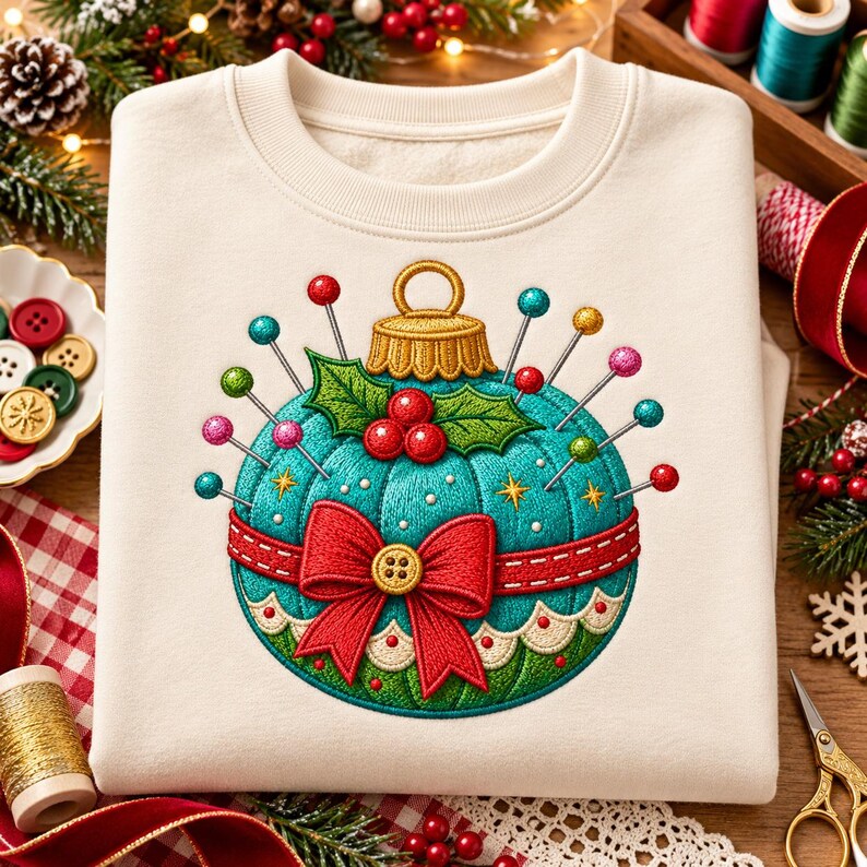 May include: A cream-colored crewneck sweatshirt featuring an embroidered design of a teal, round pincushion shaped like a Christmas ornament. The design includes a gold cap, a red bow with a button center, holly leaves, red berries, and colorful sewing pins.
