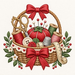 Op de afbeelding: Een gevlochten mand gevuld met naaibenodigdheden, waaronder een rood speldenkussen met spelden, een gouden schaar, klossen rood, groen en roze garen, knopen, een metalen vingerhoed en een meetlint. De mand is versierd met twee grote rode strikken.