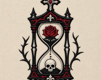 Gothic Hourglass Skull Embroidery Design, Rose Hourglass Dark Gothic Cross Machine Embroidery File (Digital Download)