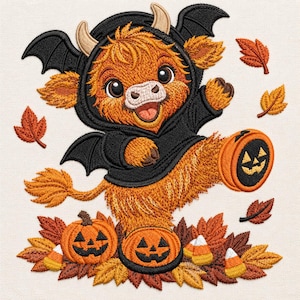 May include: An embroidered design of a fluffy orange Highland cow wearing a black bat costume with wings and horns. The cow holds a jack-o'-lantern bucket, surrounded by fallen autumn leaves, two additional jack-o'-lanterns, and candy corn.