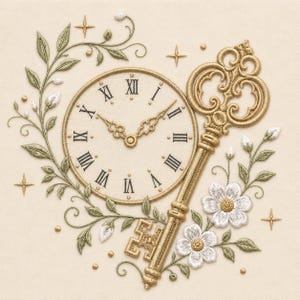 Vintage Key & Clock Embroidery Design, Floral Skeleton Key Antique Time Machine Embroidery Digital File