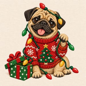 May include: An embroidered illustration of a tan pug with a black muzzle wearing a red sweater featuring a green Christmas tree and white snowflakes. The pug is tangled in a string of colorful holiday lights next to a green gift box with red ribbon.