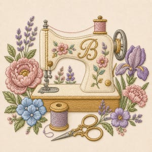 Pode incluir: Um bordado apresentando uma máquina de costura cor de creme com a letra B, rodeada por flores cor-de-rosa, azuis e roxas. Um carretel de linha lavanda e uma tesoura dourada estão posicionados abaixo da máquina num fundo claro.