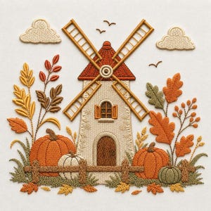 May include: An embroidery design on white fabric featuring a central windmill with a red roof and brown door. The scene includes orange and white pumpkins, a brown wooden fence, and autumn foliage in shades of yellow, orange, and green.