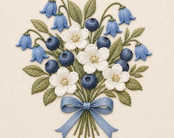 May include: An embroidery design featuring a bouquet of white five-petaled flowers, dark blue berries, and light blue bell-shaped flowers with green leaves. The stems are gathered at the bottom and tied with a light blue fabric ribbon bow.