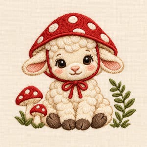 Op de afbeelding: Een borduurontwerp met een crèmekleurig lammetje met donkerbruine hoeven, dat een rode paddenstoelhoed met witte stippen draagt die onder de kin is vastgebonden. Twee kleinere rode paddenstoelen met witte stippen en een groen takje zijn afgebeeld.