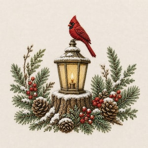 Peut inclure: Une broderie représentant un cardinal rouge vif perché sur une lanterne allumée. La lanterne repose sur une souche d'arbre entourée de branches de pin vertes, de pommes de pin brunes et de grappes de baies rouges, le tout saupoudré de neige.
