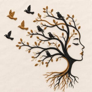 May include: An embroidery design on off-white fabric featuring a profile of a face formed by a tree trunk and branches. The tree has black and brown branches with small leaves, and several black and brown birds are perched or flying nearby.