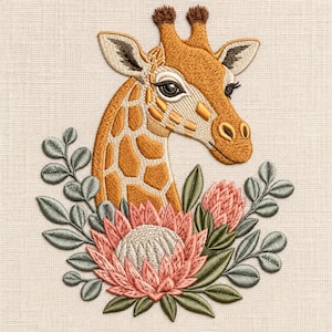 May include: An embroidered patch featuring a giraffe head with brown and tan spots, surrounded by pink protea flowers and sage green leaves. The design is stitched onto a light beige fabric background with a visible woven texture.