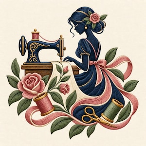 Può includere: Un'illustrazione ricamata che mostra la sagoma blu scuro di una persona che utilizza una macchina da cucire vintage. Il disegno include rose rosa, foglie verdi, un rocchetto di filo rosa, un rocchetto di filo verde e forbici dorate.
