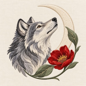 May include: An embroidery design featuring a gray and white wolf head looking upward toward a cream-colored crescent moon. A vibrant red flower with a yellow center and green leaves curves along the bottom right of the wolf's profile.