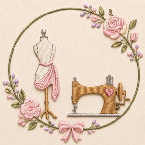 May include: An embroidery design featuring a dress form draped in pink fabric and a gold sewing machine with a small pink heart. These items are framed by a circular wreath of green stems, olive leaves, pink roses, and small purple buds.