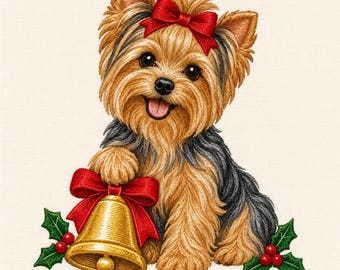 May include: An embroidered illustration of a Yorkshire Terrier with tan and black fur, wearing a red bow on its head. The dog holds a gold bell adorned with a large red bow, flanked by green holly leaves and red berries on a light background.
