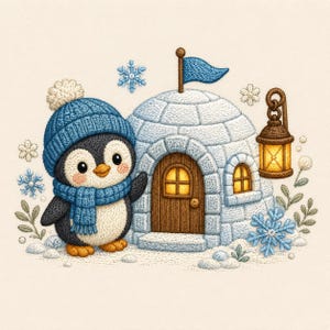 Può includere: Un'illustrazione ricamata di un pinguino con berretto e sciarpa in maglia blu accanto a un igloo. L'igloo presenta una porta in legno, una bandiera blu sulla cima e una lanterna appesa. Fiocchi di neve blu e piccole piante verdi circondano il tutto.