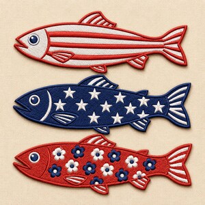 May include: Three embroidered fish patches arranged vertically. The top fish has red and white horizontal stripes. The middle fish is blue with white stars. The bottom fish is red with a pattern of small white and blue five-petaled flowers.