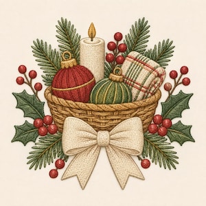 May include: An embroidered illustration of a woven basket filled with a lit white candle, a red ornament, a green ornament, and a plaid fabric. The basket is decorated with a large cream-colored bow, green pine branches, and clusters of red berries.