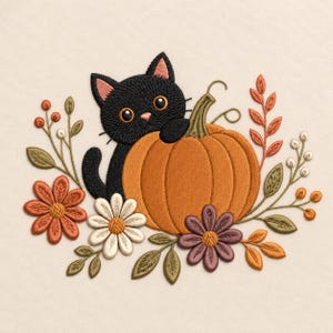 May include: An embroidery design featuring a black cat with large orange eyes resting its paws on a large orange pumpkin. The scene is surrounded by orange and purple flowers, green leaves, and thin stems with small round berries on a cream background.
