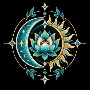 May include: A circular embroidery design featuring a central lotus flower in shades of teal and white. The lotus is framed by a crescent moon on the left and a sun on the right, surrounded by a thin gold ring with teal leaves and four-pointed stars.
