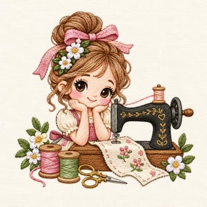 Op de afbeelding: Een geborduurde illustratie van een figuur met bruin haar in een knot, met een roze strik en witte bloemen, de kin rustend op de handen. Daarnaast staan een zwarte naaimachine, roze en groene garenklosjes, een gouden schaar en stof.