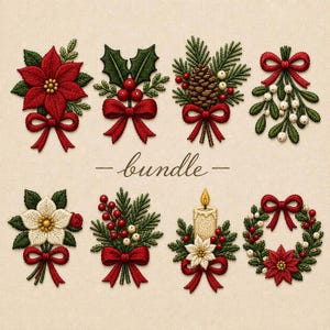 May include: A collection of eight embroidered Christmas motifs featuring poinsettias, holly, pinecones, mistletoe, and a candle, all accented with red bows and greenery. The word bundle is centered in the middle of the embroidery designs.