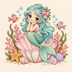 Puede incluir: Un diseño de bordado que muestra una sirena con cabello verde azulado y cola verde sentada dentro de una gran concha rosa. La escena incluye coral rosa y verde, una estrella de mar amarilla, dos peces pequeños rayados y perlas blancas.