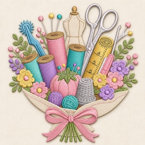 Sewing Tools Bouquet Embroidery Design, Seamstress Quilting Craft Room Floral Digital File