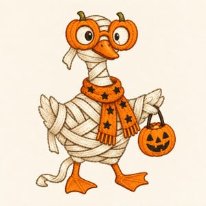 May include: A goose wrapped in white bandages like a mummy, wearing orange pumpkin-shaped glasses and an orange scarf with black stars. The goose holds a small orange jack-o'-lantern bucket with a black carved face in its wing.