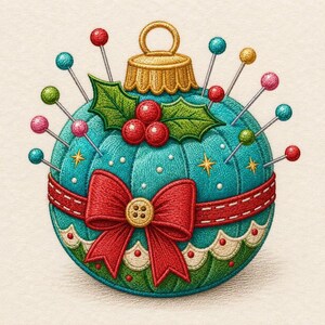 May include: A teal fabric pincushion shaped like a Christmas ornament with a gold cap, a red ribbon bow, and a central button. It is decorated with embroidered holly leaves, red berries, and small stars, and is filled with colorful sewing pins.