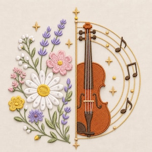 May include: An embroidery design featuring a split composition. The left side displays a bouquet of white daisies, pink cosmos, yellow flowers, and purple lavender sprigs. The right side shows a brown violin with musical staff lines and notes.