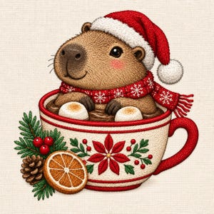 Op de afbeelding: Een geborduurde illustratie van een bruine capibara met een rode kerstmuts en een rode sjaal met witte sneeuwvlokken, zittend in een witte mok gevuld met warme chocolademelk en marshmallows, versierd met een kerstster, dennentak en sinaasappelschijfje.
