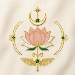 May include: An embroidery design featuring a central pink and white lotus flower with green leaves. It is surrounded by gold-colored geometric lines, a crescent moon with a star, and a winged emblem at the base, all accented with small green gems.
