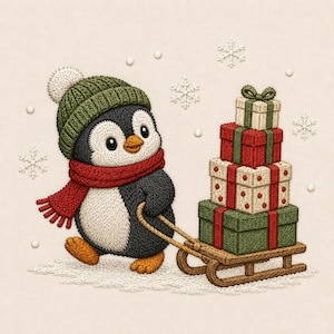 May include: An embroidered illustration of a penguin wearing a green knit hat and a red scarf, pulling a wooden sled loaded with a stack of four wrapped gift boxes. The scene includes white snowflakes against a light cream-coloured background.