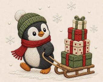 May include: An embroidered illustration of a penguin wearing a green knit hat and a red scarf, pulling a wooden sled loaded with a stack of four wrapped gift boxes. The scene includes white snowflakes against a light cream-colored background.