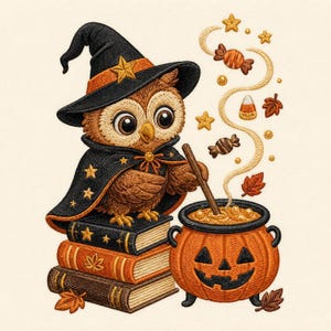 Puede incluir: Un diseño bordado de un búho marrón con sombrero de bruja y capa negra con estrellas doradas, posado sobre tres libros. El búho remueve un caldero con forma de calabaza con una cuchara de madera, rodeado de dulces flotantes y hojas de otoño.