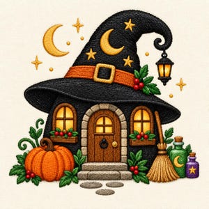 May include: An embroidered design of a house shaped like a black witch hat with an orange band, a brown arched door, two glowing windows, a pumpkin, a broom, and two small potion bottles. The hat features yellow stars, a crescent moon, and a lantern.