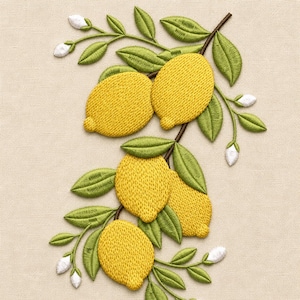 May include: Embroidered design of lemons on a branch with green leaves and white flower buds. The lemons are yellow with a textured appearance, and the leaves are a vibrant green. The background is a light beige color.