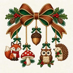 Woodland Christmas Bow Embroidery Design, Fox Owl Hedgehog Mushroom Acorn, Forest Holiday Machine Embroidery File (Digital Download)