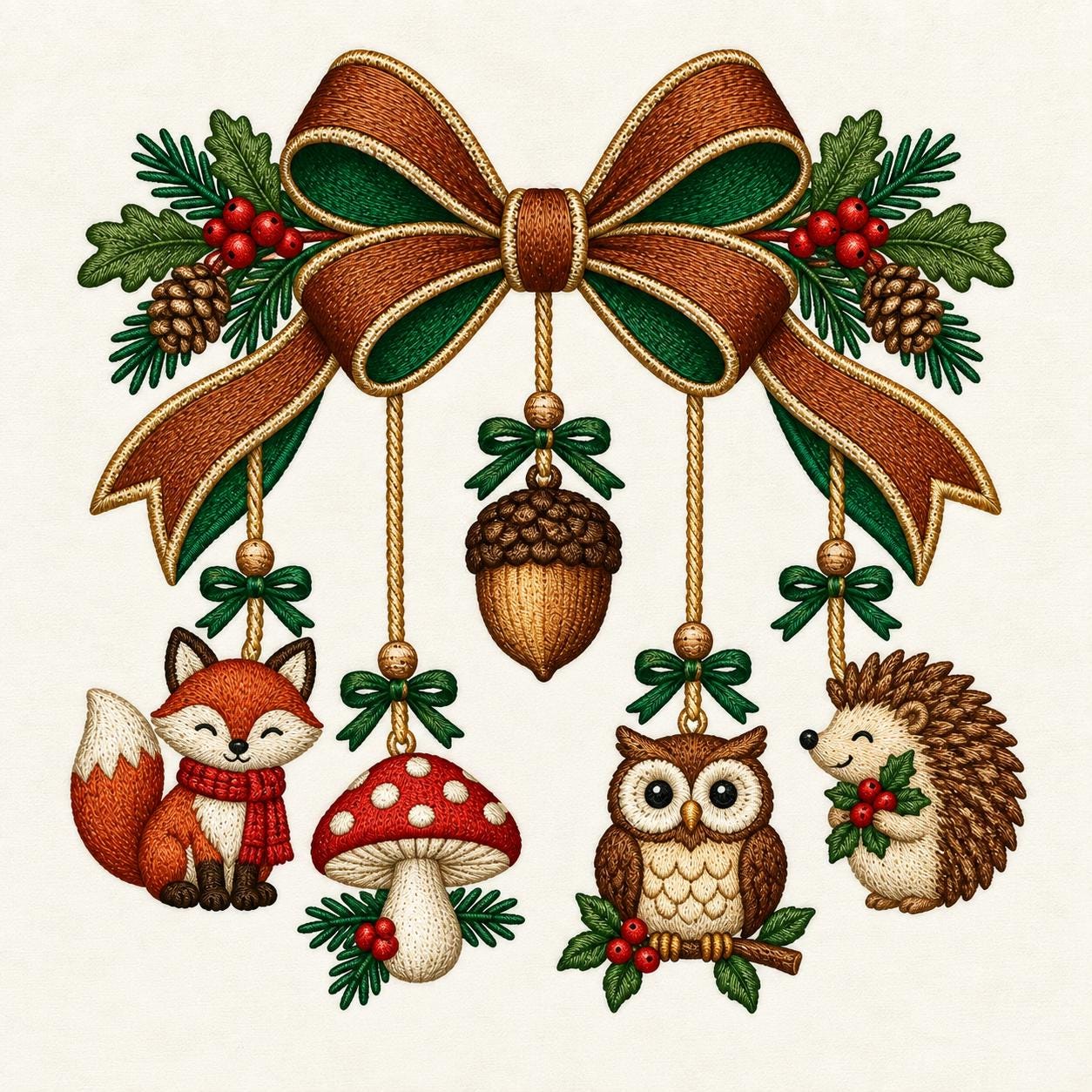 Woodland Christmas Bow Embroidery Design, Fox Owl Hedgehog Mushroom Acorn, Forest Holiday Machine Em