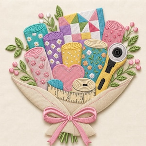 Op de afbeelding: Een geborduurd boeket met stofrollen met bloemen- en geometrische patronen, een hartvormig stuk, een gele rolsnijder en een meetlint van 3 inch, verpakt in beige stof vastgebonden met een roze lint en versierd met groene bladeren.